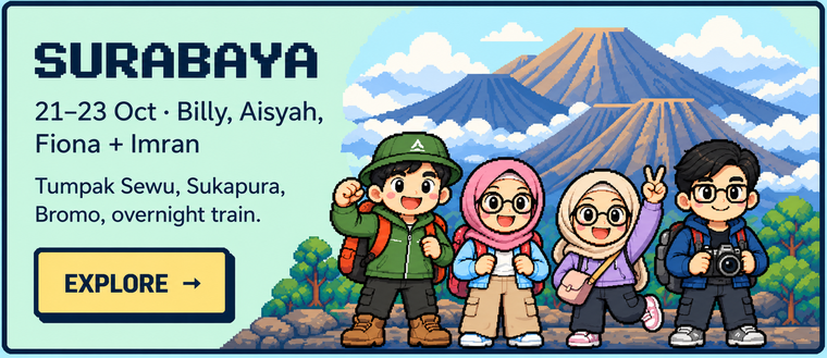 Surabaya, 21 to 23 October. Billy, Aisyah, Fiona and Imran at Mount Bromo. Explore.