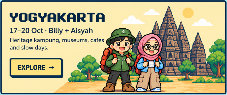 Yogyakarta, 17 to 20 October. Billy and Aisyah at a Javanese temple. Explore.